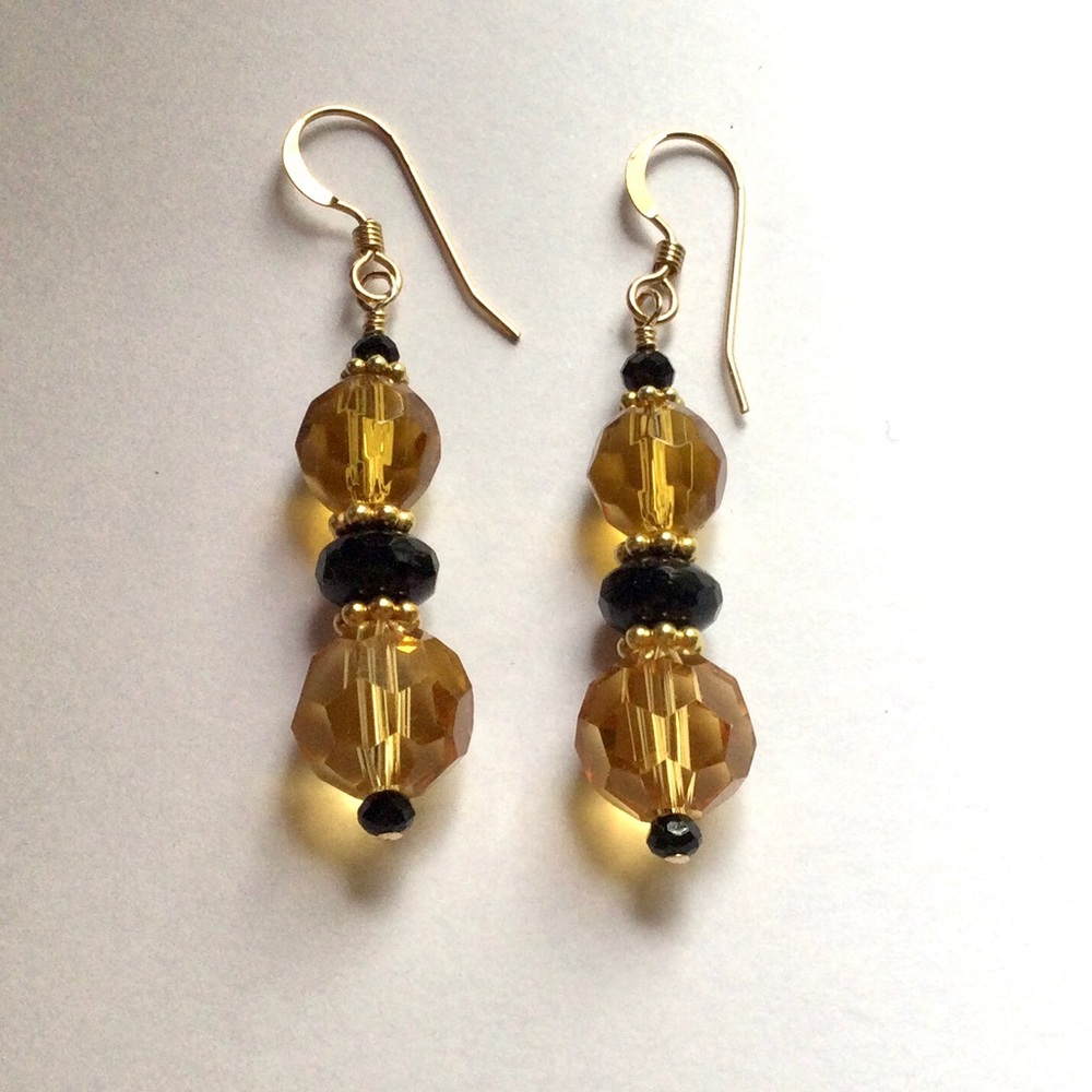 Round Amber & Black Faceted Crystal Bead Earrings